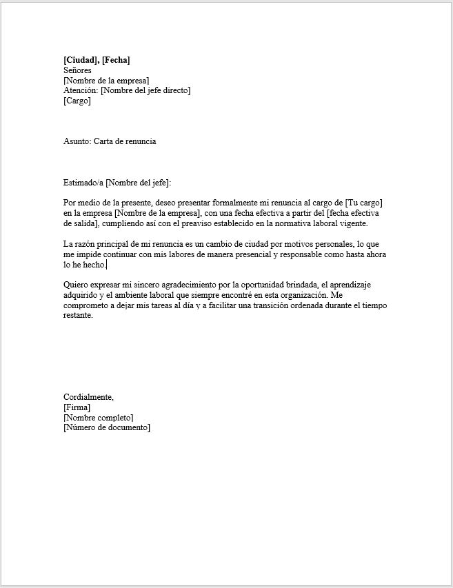 Carta de Renuncia Cambio de Ciudad