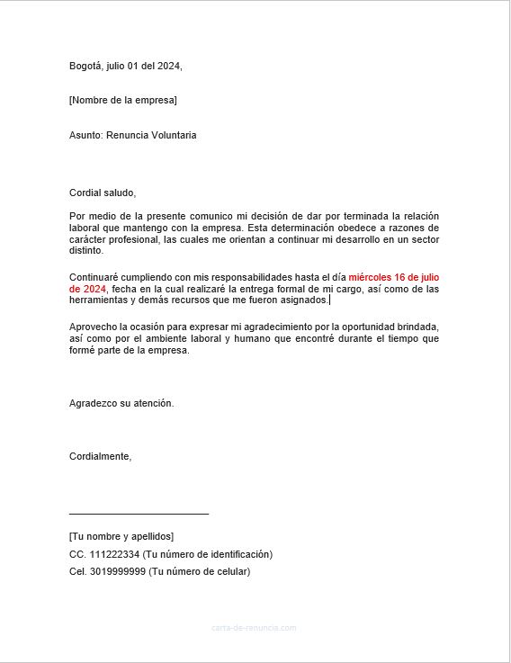Carta de Renuncia Word
